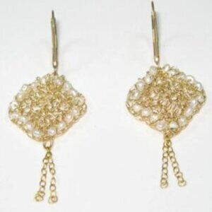 Handknit gold wire and pearl earrings